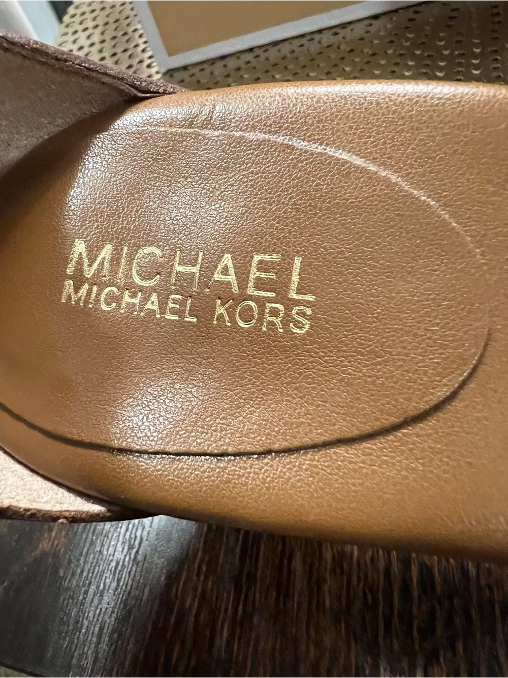 Michael Kors Cognac Leather Block Heel Sandals with Buckle